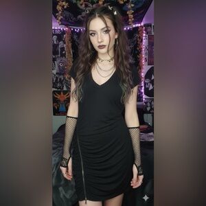 Vtg Y2K Cache Stretch Dress Fairy Grunge Sz M Zipper Ruched V Neck Cocktail